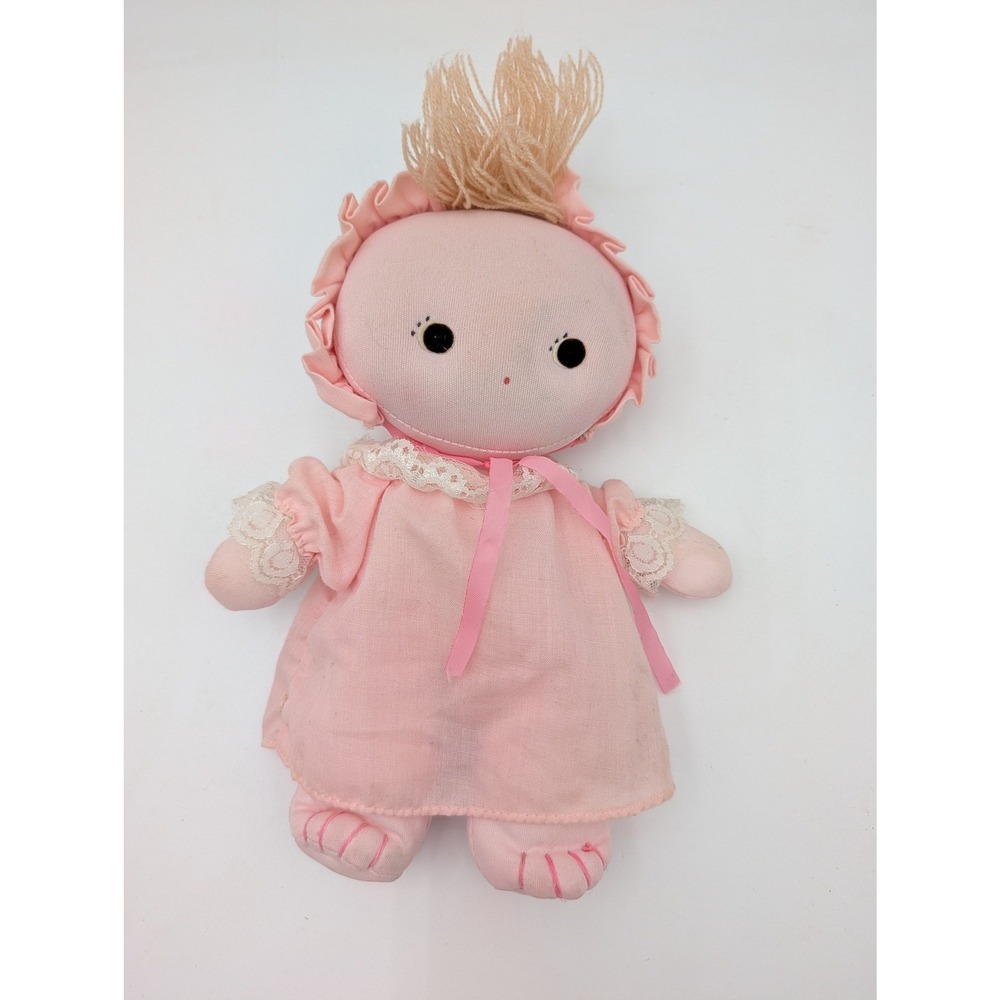 Kamar Plush Doll Pink Vintage Fabric Lace Ruffle Bonnet Blonde Hair
